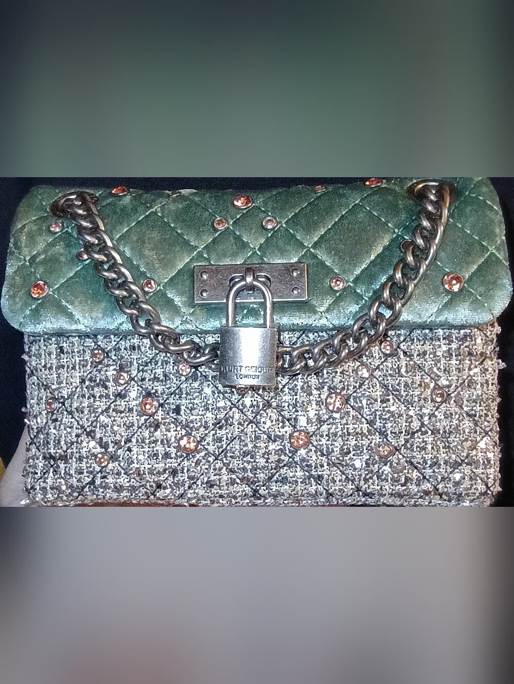 Kurt Geiger Mini Brixton Green Velvet Tweed Crystal Lock Crossbody Bag EUC